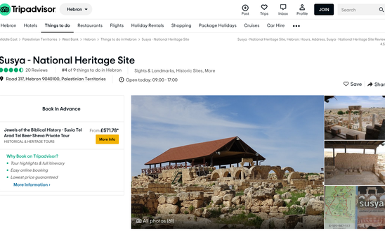 TripAdvisor listing of settler-managed historical sight on Palestinian land