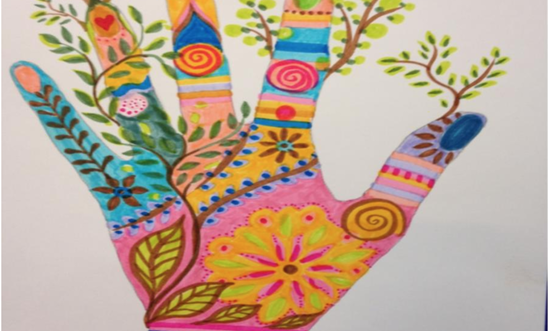 Illustration of a hand covered in lots of bright colours and patterns