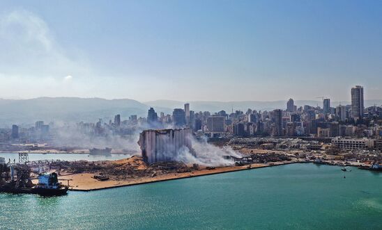 An aerial view of damage done to Beirut port's grain silos and surrounding area around it after explosion on August 5, 2020