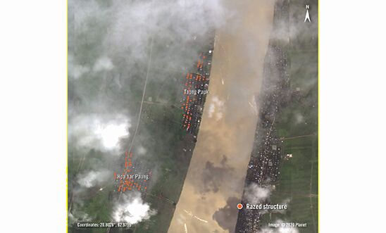 Over 120 structures in Taung Pauk and Hpa Yar Paung appear burned in Planet imagery from 10 September 2020. Fires were remotely detected in the villages with satellite sensors on 3 September 2020.