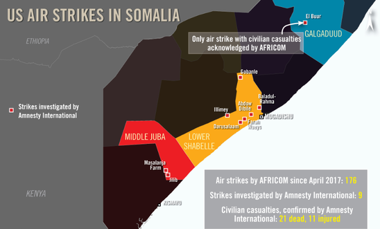 Map showing confirmed cases of US airstrikes that have killed and injured civilians in Somalia from April 2017 to March 2020 Map showing confirmed cases of US airstrikes that have killed and injured civilians in Somalia from April 2017 to March 2020