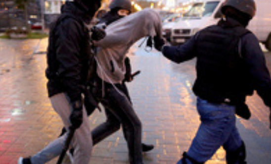 Law enforcement officers detain a man during a rally of opposition supporters to protest the country's presidential inauguration in Minsk on September 27, 2020 Law enforcement officers detain a man during a rally of opposition supporters to protest the country's presidential inauguration in Minsk on September 27, 2020