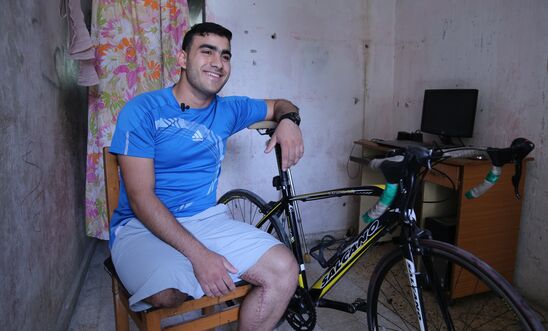 Alaa al-Dali, 21, a cyclist who was shot and injured during the Great March of Return protests, who subsequently lost his right leg. Alaa al-Dali, 21, a cyclist who was shot and injured during the Great March of Return protests, who subsequently lost his right leg.