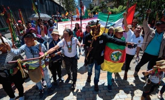 A group of protesters demonstrating with flags