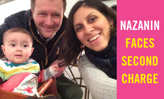 Selfie of Nazanin and her husband and daughter with text "Nazanin faces second charge" Selfie of Nazanin and her husband and daughter with text "Nazanin faces second charge"