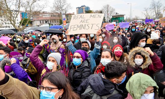 	Crowds gather in Istanbul to protest after Turkey announced its intention to withdraw from the Istanbul Convention