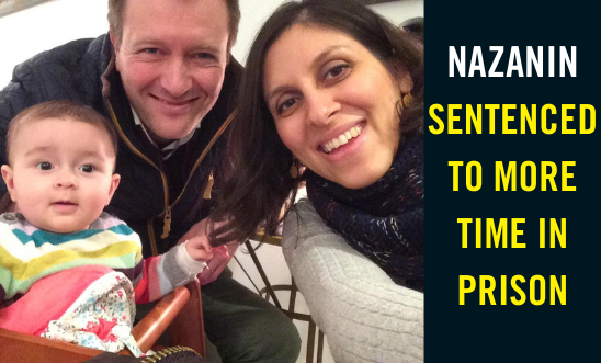 Selfie of Nazanin and her husband and daughter with text "Nazanin sentenced to more time in prison" Selfie of Nazanin and her husband and daughter with text "Nazanin sentenced to more time in prison"