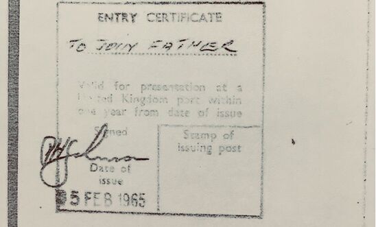 Stamp of entry for a child joining their father in the UK in 1965 (with no limit on entry or stay) Stamp of entry for a child joining their father in the UK in 1965 (with no limit on entry or stay)