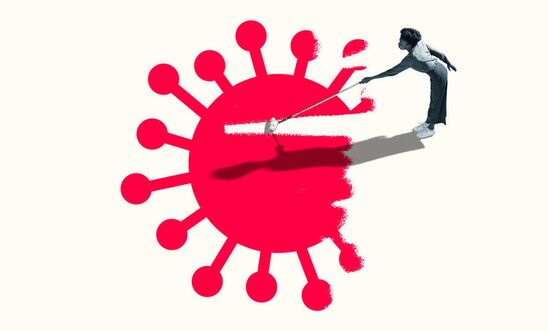 Graphic of young woman painting with roller on red COVID-19 virus over white background
