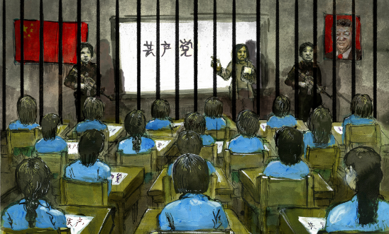 Illustration showing a teacher and two armed guards standing on the other side of a barrier from detainees at a “class” in an internment camp.
