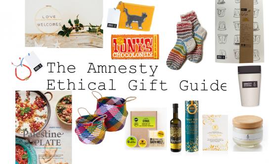 Ethical gift guide images include 'Palestine on a plate' book cover, yellow purse with cat design, colourful baskets, a white notebook, colourful woolen socks and a red bracelet