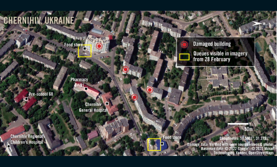 Satellite imagery of  part of a Ukrainian city with overlay of where buildings have been hit in attaks