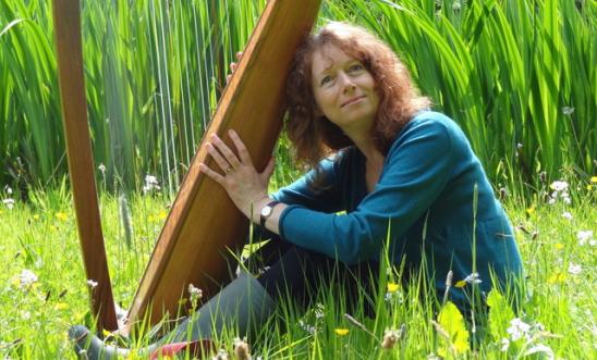 player with harp in a field