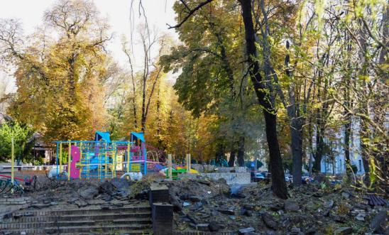 A view of total devastation after a playground was hit by several explosions in the Shevchenkivskyi district of Kyiv