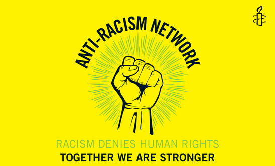 Image is a yellow background. the Anti-Racism Network logo is a fist in dark navy with light green lines coming out of it, with "ANTI-RACISM NETWORK" over it. Underneath, it says "racism denies human rights, together we are stronger"