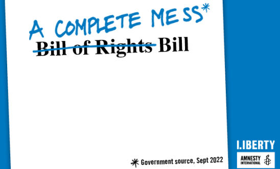 Image of the Bill of Rights cross out and handwritten 'A complete mess'