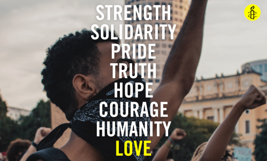 image reads: solidarity, hope, love, courage, strength and justice