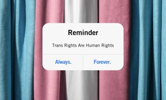 Iphone reminder message reads: Reminder, trans rights are human rights. always. forever. In the background are the colours of the trans flag and a yellow Amnmesty International logo in the top right hand corner.