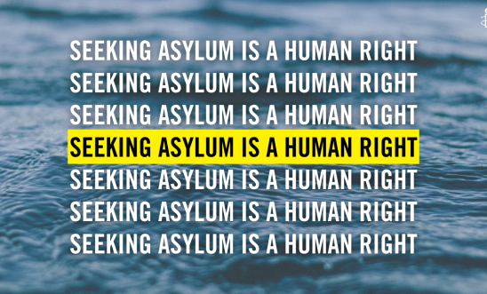 the text 'seeking asylum is a human right' written seven times across a background of  water