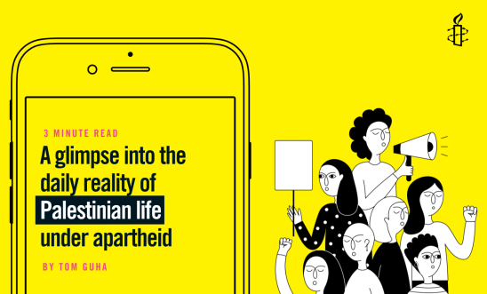 image of phone that reads: 3 min reading time, by Tom Guha, A glimpse into the daily reality of Palestinian life under apartheid. On the right side of the image there is an illustrations of people protesting