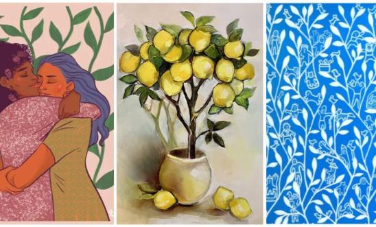 Designs of our Refugee Collection Greeting Cards, featuring artwork by Ada Jusic (two persons hugging), Nima Javan (a blue flower tapestry with mini whimsical characters in them) & Maria Tsymbal (a painting of a small lemon tree in a vase).