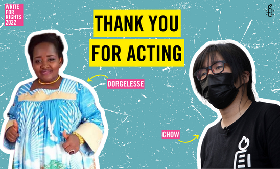 A cut out image of Dorgelesse standing and smiling at the camera is to the left. A cut out image of Chow wearin a face mask is to the right. Both are against a plain blue background with with texture across it. Black text in yellow highlight with reads: Thank you for acting. 