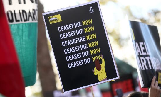 Image shows a ceasefire now sign Image shows a ceasefire now sign