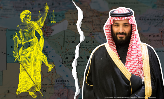 A cut out image of Saudi Crown Prince Mohammed bin Salman to the right of visual, a paper tear in the middle and to the left is a graphic of Lady justice holding scales. In the dark background is a map of Saudi Arabia