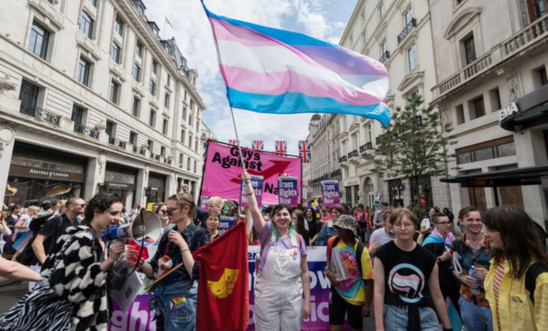 Trans flag being flown at Pride march 