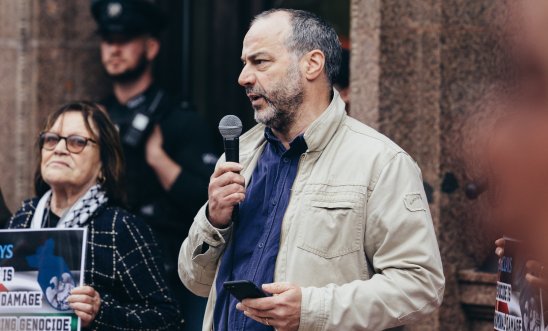 Patrick Corrigan of Amnesty International, addresses a protest outside Barclays bank in Belfast, against the genocide in Gaza Patrick Corrigan of Amnesty International, addresses a protest outside Barclays bank in Belfast, against the genocide in Gaza