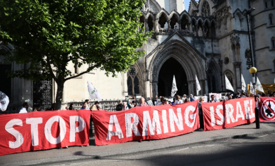 Stop Arms sales to Israel banner outside UK High Court