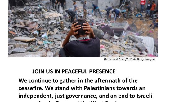 Photo showing destroy buildings in Gaza and young man with head in his hands. Text advertises the vigil in Cromer at 10.30am on Saturday 15 November 