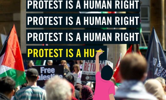 Protesters demonstrating against the genocide in Gaza shown with slogan 'Protest is a human right' written across the image several times