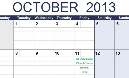 October 2013 calendar marking 11 October 2013 as Quiz Night October 2013 calendar marking 11 October 2013 as Quiz Night
