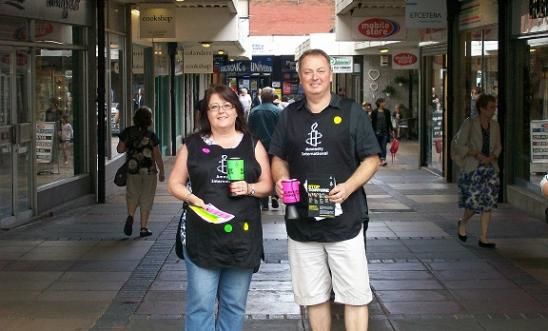 Hitchin Street Collection (14/6/2014), two volunteers collecting near the Market Hitchin Street Collection (14/6/2014), two volunteers collecting near the Market