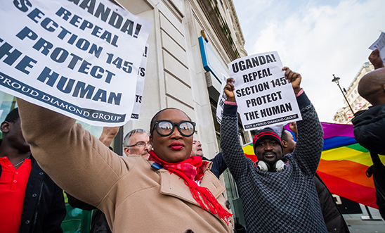 LGBTI supporters demonstrate outside the Ugandan High Commission, London