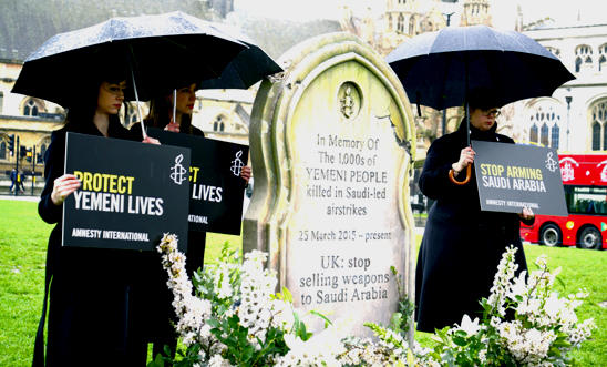 A six-foot gravestone in Parliament Square commemorating the lives lost in Yemen in Saudi-led air strikes. A six-foot gravestone in Parliament Square commemorating the lives lost in Yemen in Saudi-led air strikes.