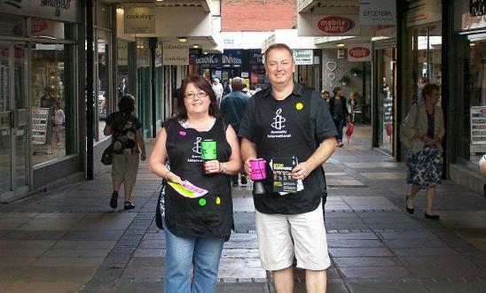 Hitchin Street Collection (14/6/2014), two volunteers collecting near the Market Hitchin Street Collection (14/6/2014), two volunteers collecting near the Market