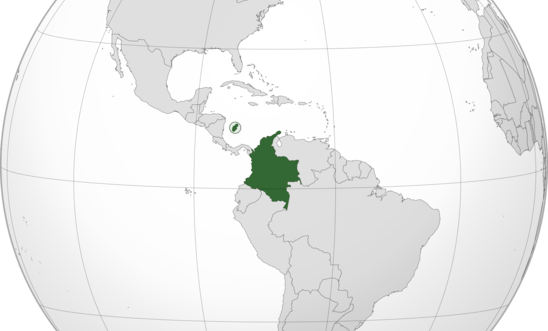 Orthographic map of Colombia centered at 5° N, 73° W; taken from Wikimedia Orthographic map of Colombia centered at 5° N, 73° W; taken from Wikimedia