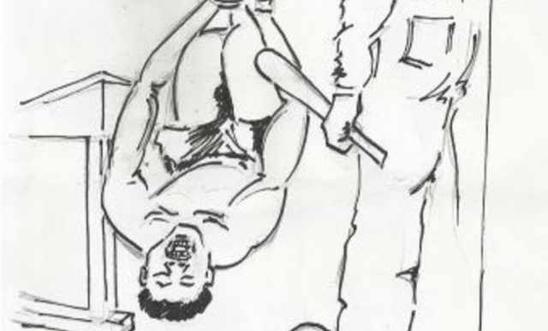 Detainee suspended upside down by feet - illustration Detainee suspended upside down by feet - illustration