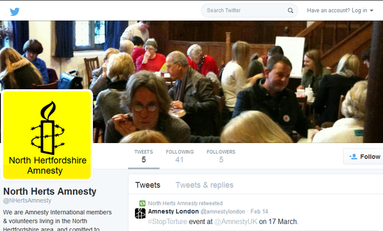 Screenshot of North Hertfordshire Amnesty twitter account profile Screenshot of North Hertfordshire Amnesty twitter account profile