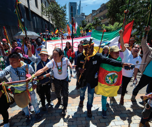 People protesting with flags