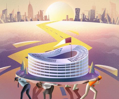 Image portraying the weight of the Qatar World cup construction on workers. Image portraying the weight of the Qatar World cup construction on workers.