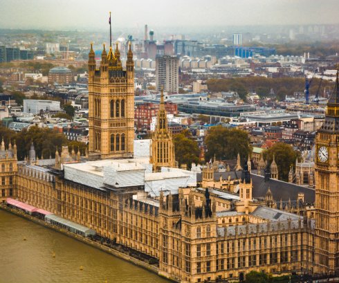Aerial shot of the UK parliament building Aerial shot of the UK parliament building
