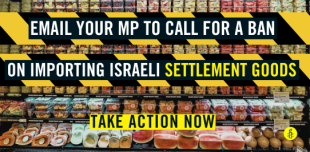 Image shows fruits in a supermarket with "Email your MP to call for aban on importing Israeli settlement goods" written across it