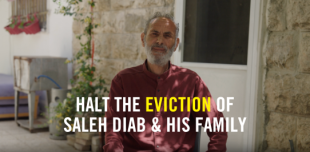Image shows Saleh Diab staring at the camera with the words "Halt the eviction of Saleh Diab and his family"