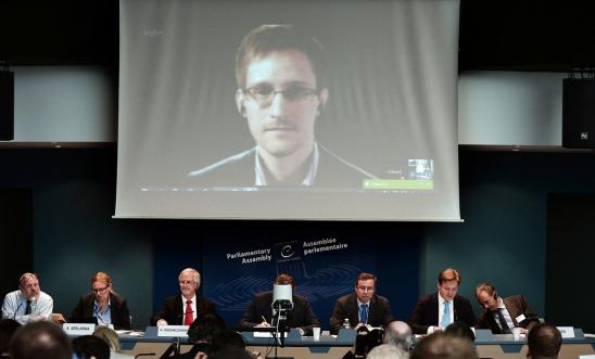 Edward Snowden speaking via video conference Edward Snowden speaking via video conference