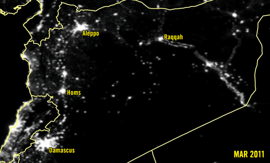 Satellite images showing lights in Syria 2011-2015