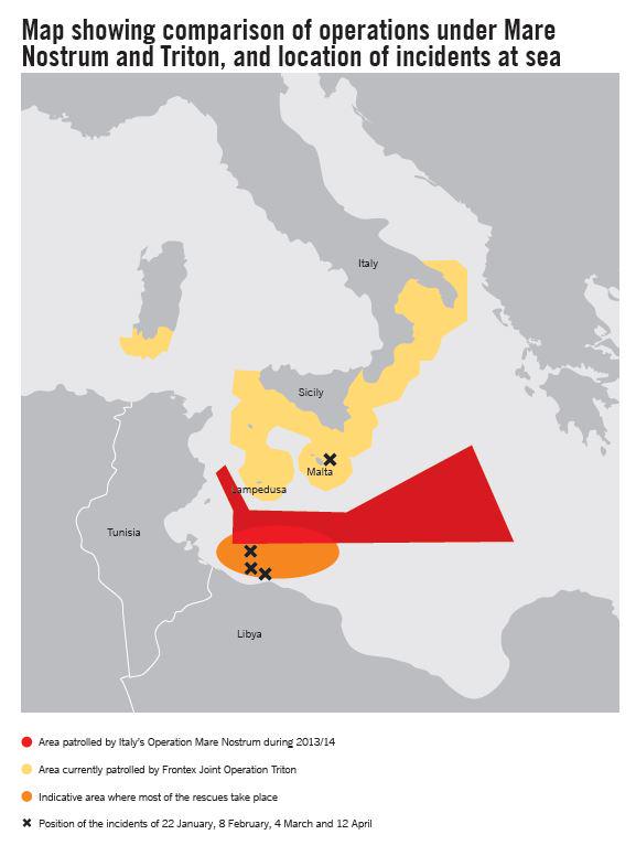 Map showing the Operation Triton coverage and recent shipwrecks